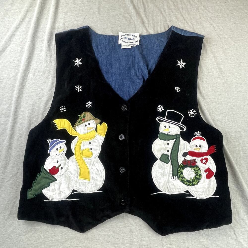 Vintage 1998 Country Wear Reversible Christmas Embellished Denim Velvet Vest 14